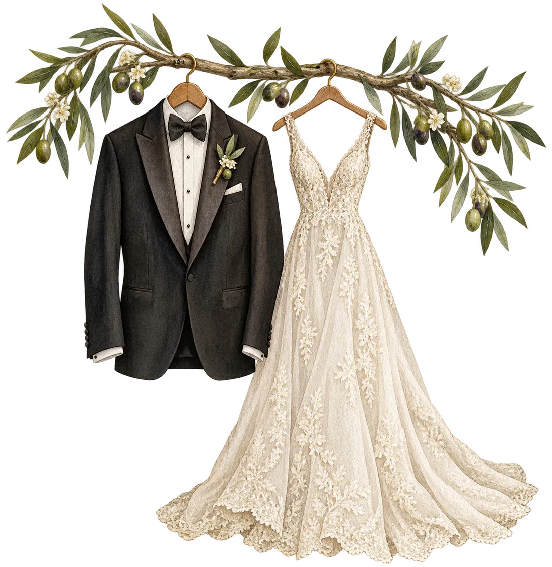 Acuarela de un esmoquin negro y un vestido de novia de encaje colgados de una rama de olivo