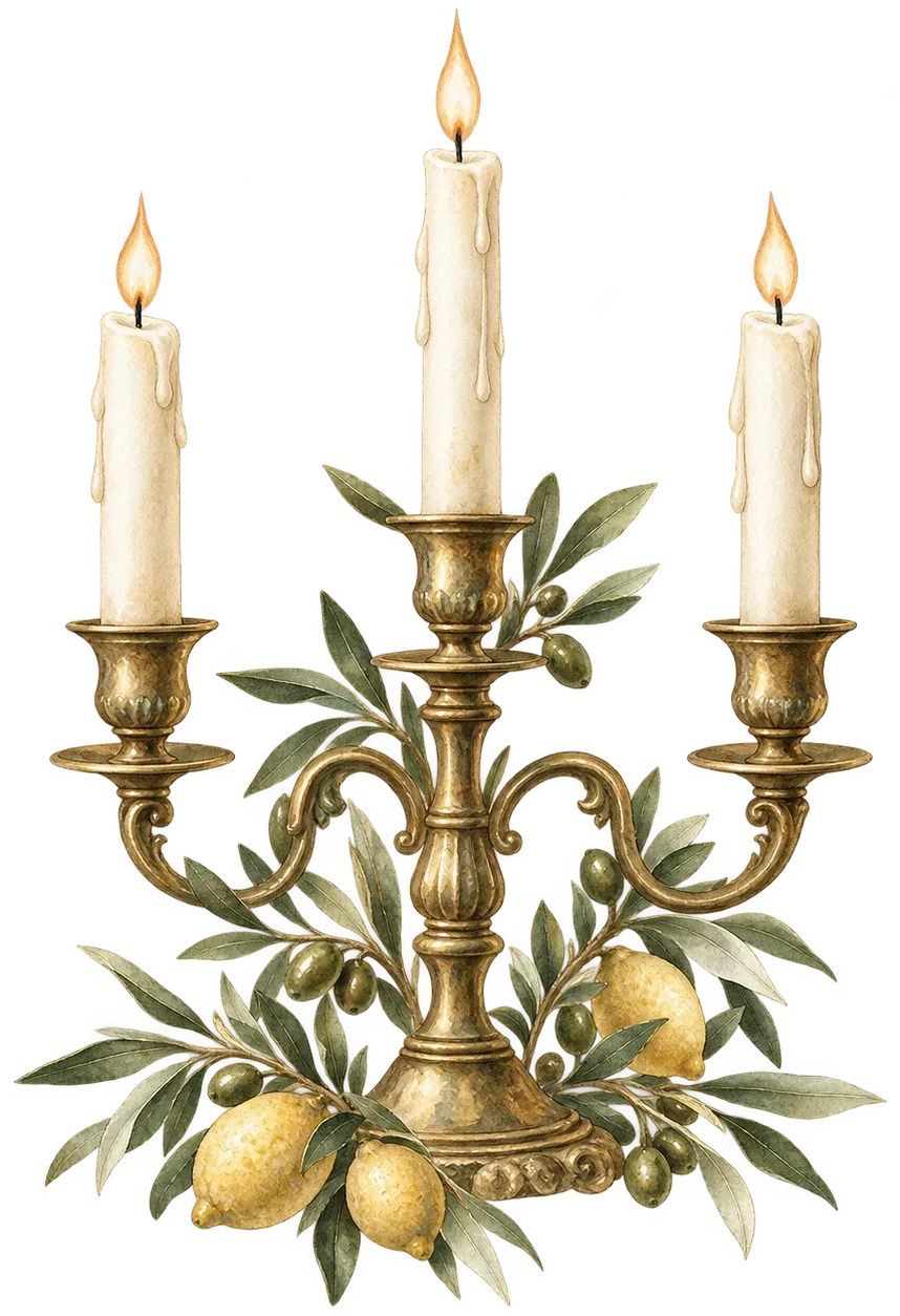 Acuarela de un candelabro con tres velas encendidas