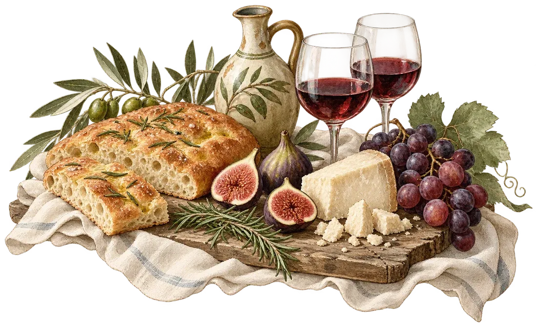 Acuarela de una mesa toscana con focaccia, higos, uvas, queso, aceite de oliva y dos copas de vino