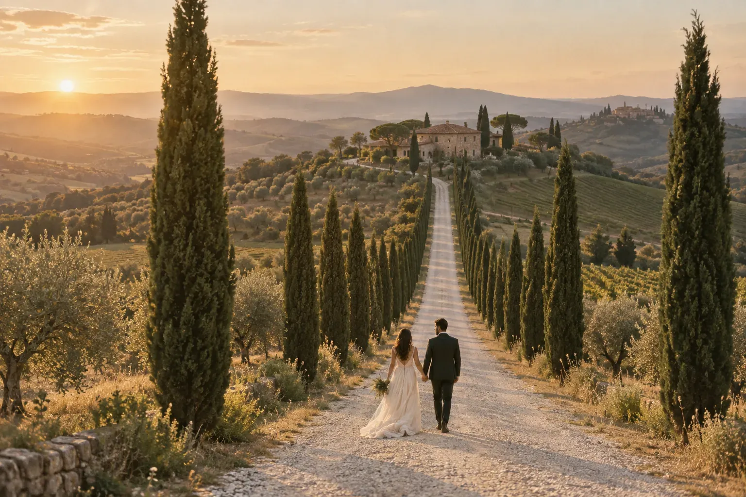 La pareja caminando de la mano por un camino de cipreses hacia una villa