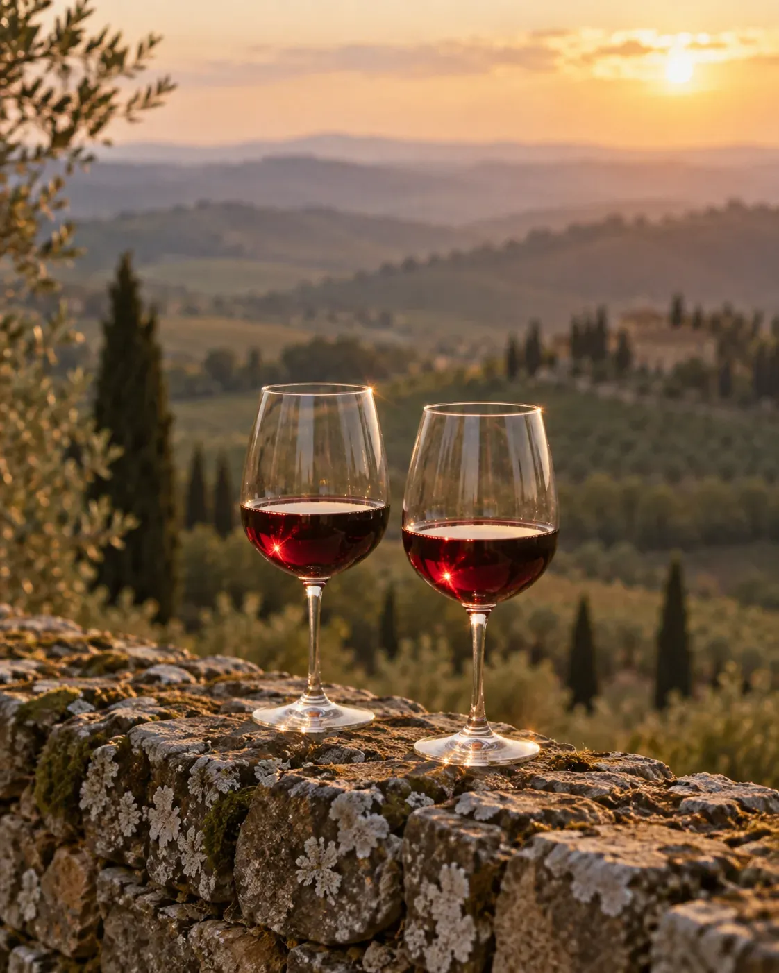 Dos copas de vino tinto sobre un muro de piedra frente a las colinas del Chianti