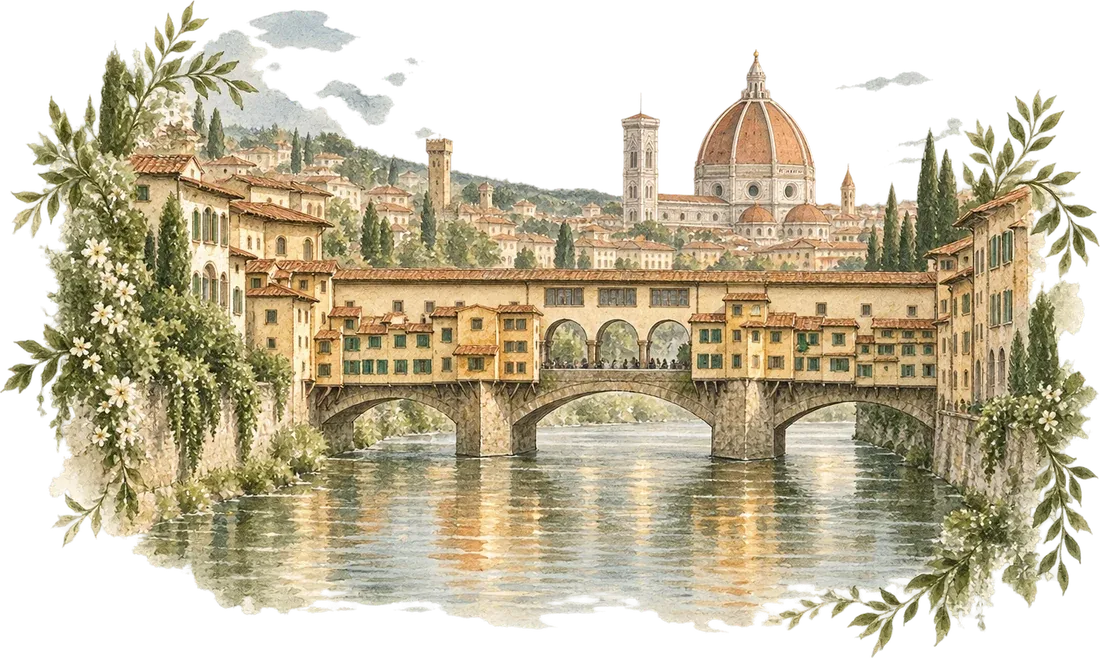 Acuarela del Ponte Vecchio sobre el Arno con la cúpula del Duomo de Florencia al fondo