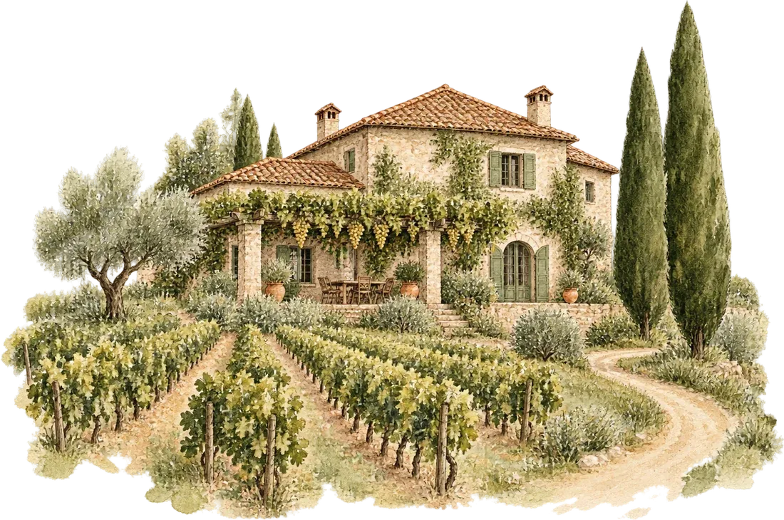 Acuarela de un agriturismo de piedra con pérgola, viñedos y cipreses
