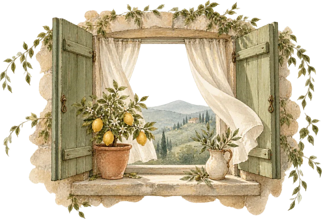 Acuarela de una ventana de piedra con contraventanas abiertas, limonero y vistas a las colinas
