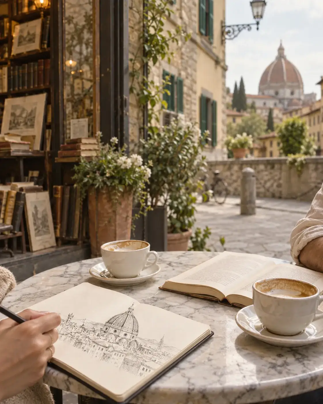 Mesa de mármol de un café florentino con dos capuchinos, un libro abierto y un cuaderno de dibujo