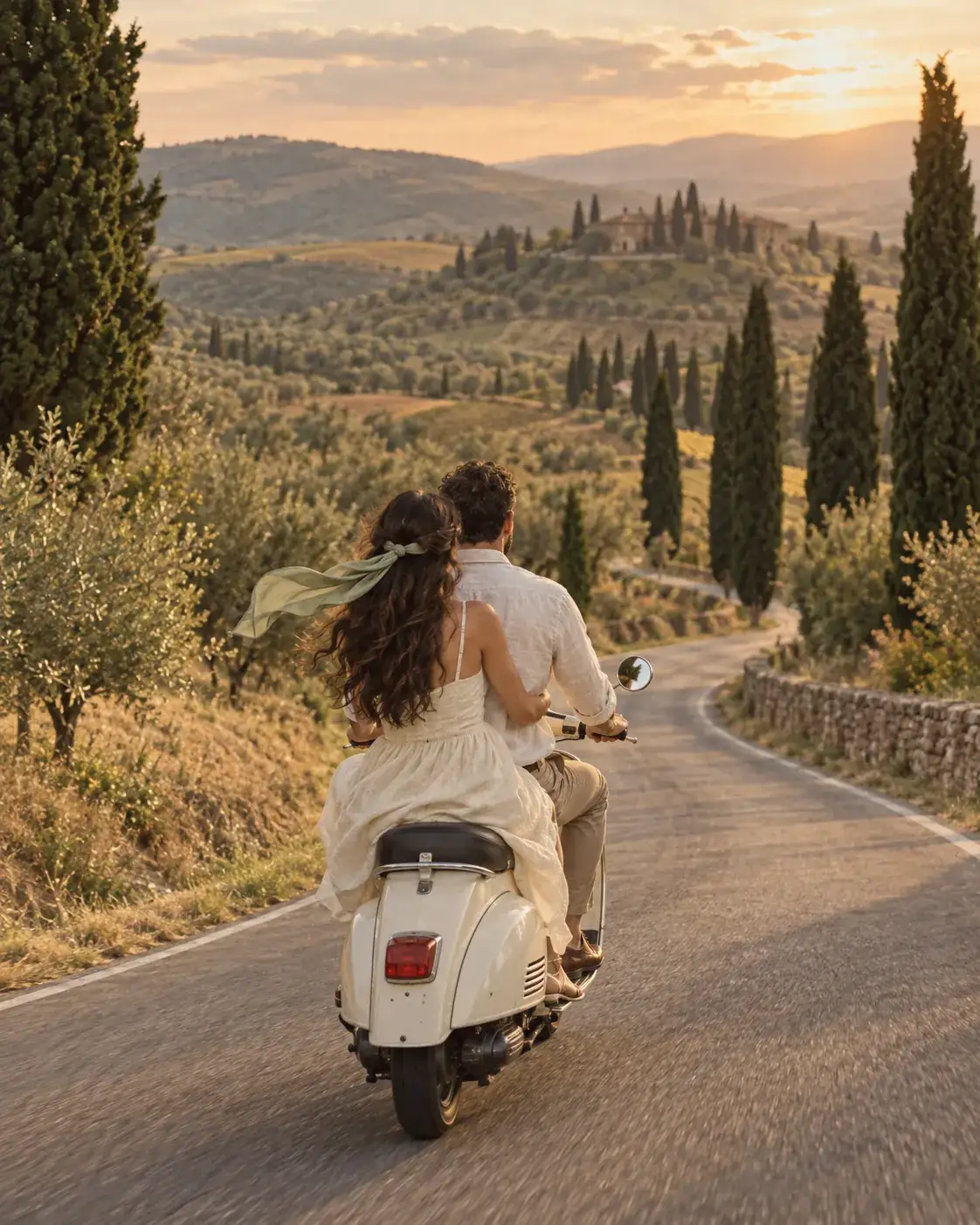La pareja de espaldas en una Vespa color crema por una carretera de cipreses al atardecer