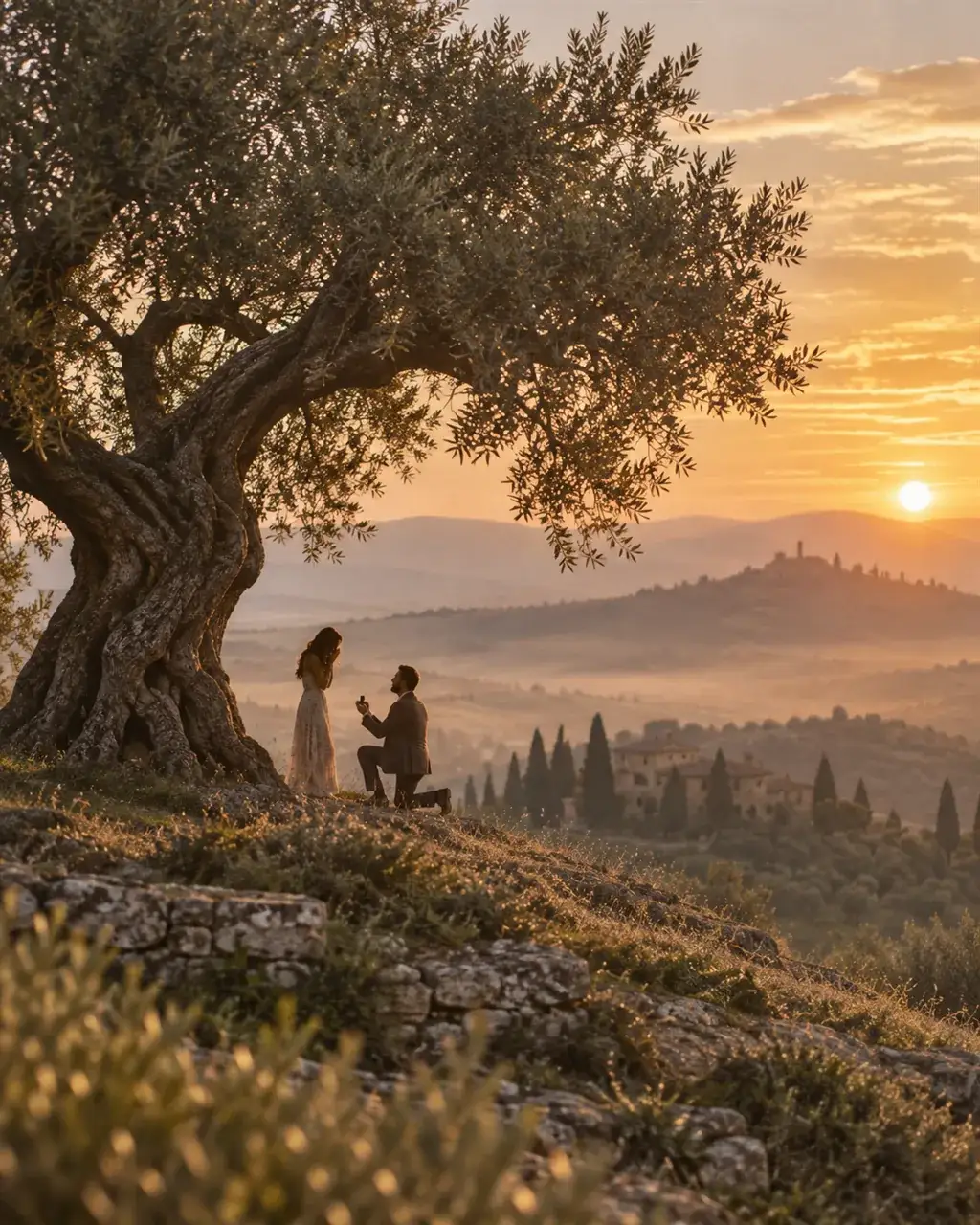 Propuesta de matrimonio bajo un olivo centenario en lo alto de una colina toscana al atardecer