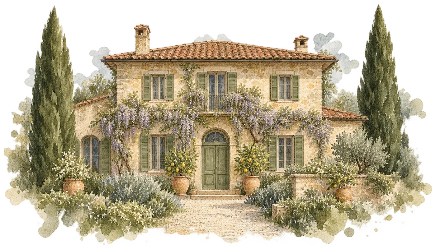 Ilustración en acuarela de una villa toscana de piedra con cipreses, glicinias y limoneros
